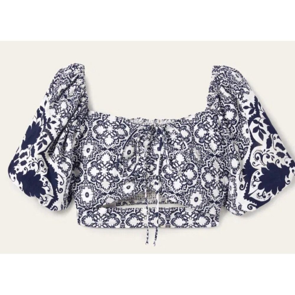 Boden LINEN Halter Neck Cut Out Crop Top Navy Blue WHITE tile Floral Coastal 10 - Picture 3 of 5